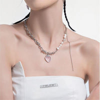 Thumbnail for Chic CZ Inlaid Pink Strawberry Pendant Pearl Chain Choker Necklace - ArtGalleryZen