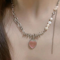 Thumbnail for Chic CZ Inlaid Pink Strawberry Pendant Pearl Chain Choker Necklace - ArtGalleryZen