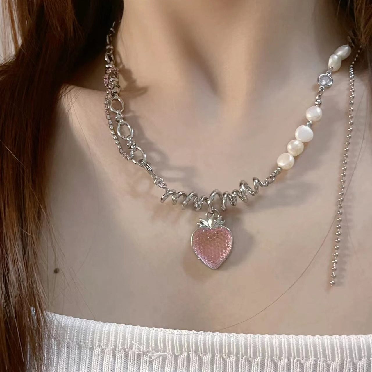 Chic CZ Inlaid Pink Strawberry Pendant Pearl Chain Choker Necklace - ArtGalleryZen
