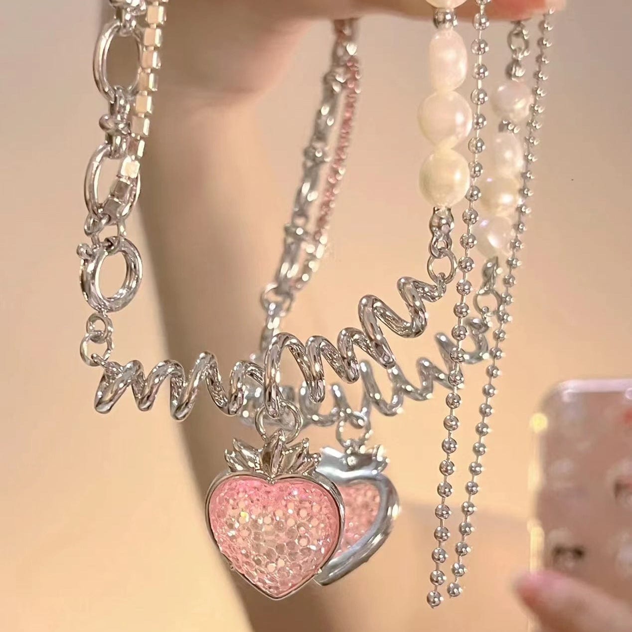 Chic CZ Inlaid Pink Strawberry Pendant Pearl Chain Choker Necklace - ArtGalleryZen