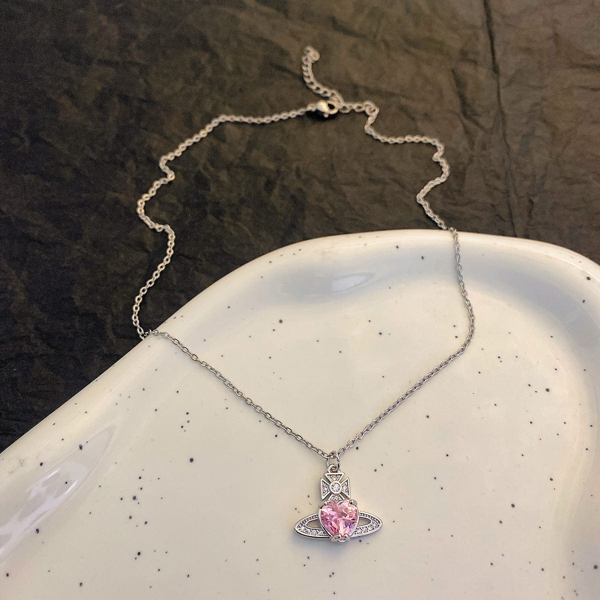 Chic CZ Inlaid Saturn Heart Necklace - ArtGalleryZen