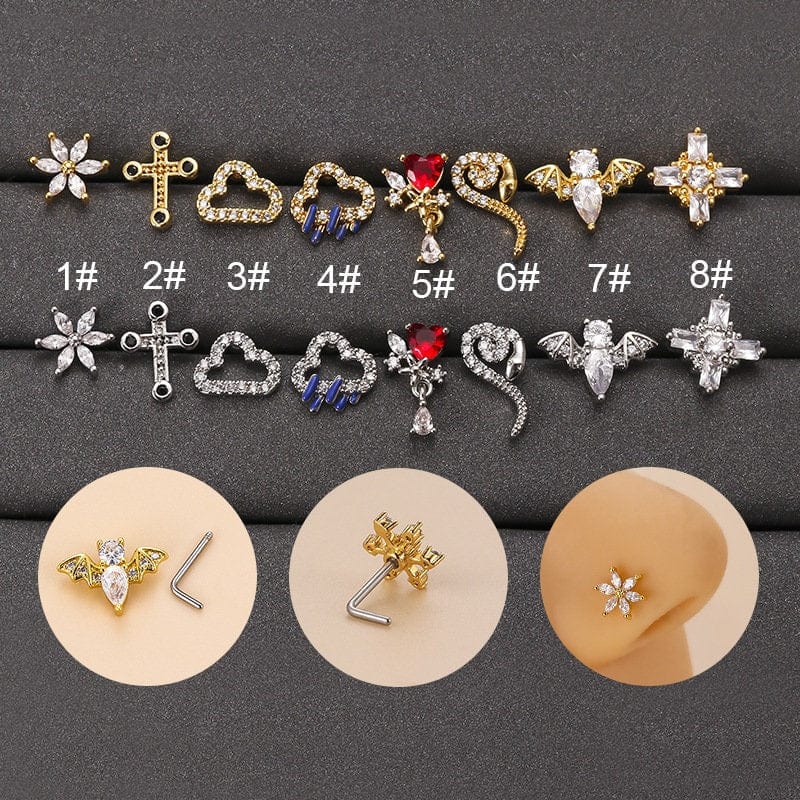 Chic CZ Inlaid Snake Bat Cloud Floral Cross Heart Nose Piercing Nose Stud - ArtGalleryZen