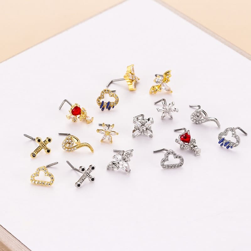 Chic CZ Inlaid Snake Bat Cloud Floral Cross Heart Nose Piercing Nose Stud - ArtGalleryZen
