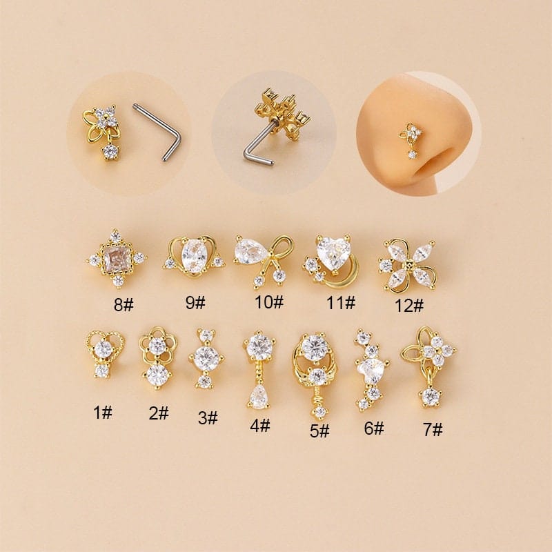 Chic CZ Inlaid Stainless Steel Floral Angel Wings Heart Nose Piercing Nose Stud - ArtGalleryZen
