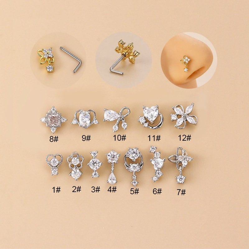 Chic CZ Inlaid Stainless Steel Floral Angel Wings Heart Nose Piercing Nose Stud - ArtGalleryZen