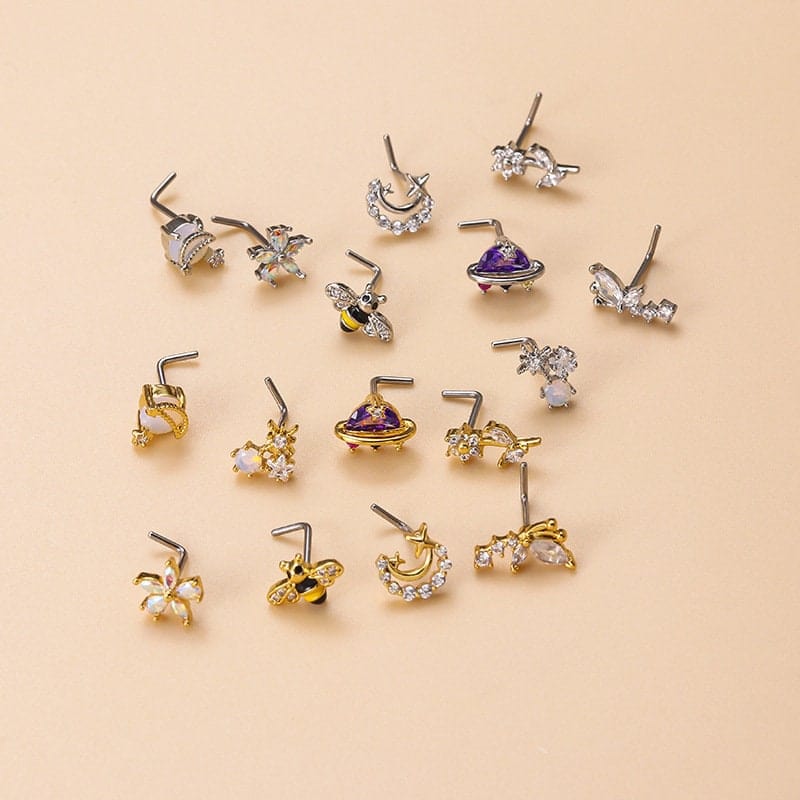Chic CZ Inlaid UFO Moon Star Floral Nose Piercing Nose Stud - ArtGalleryZen
