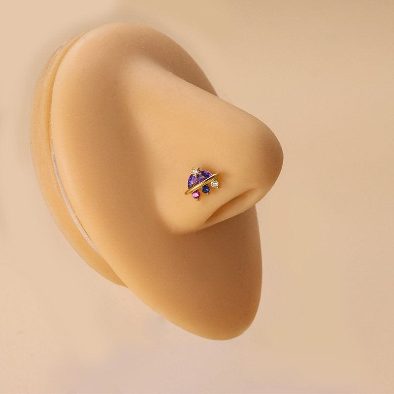 Chic CZ Inlaid UFO Moon Star Floral Nose Piercing Nose Stud - ArtGalleryZen