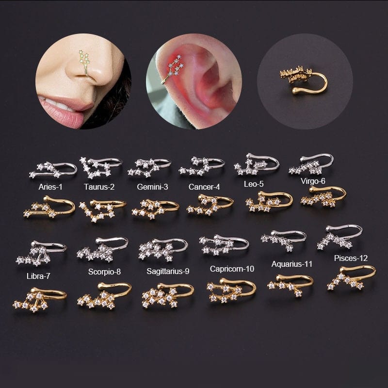 Chic CZ Inlaid Zodiac Non Piercing Nose Cuff Nose Ring - ArtGalleryZen