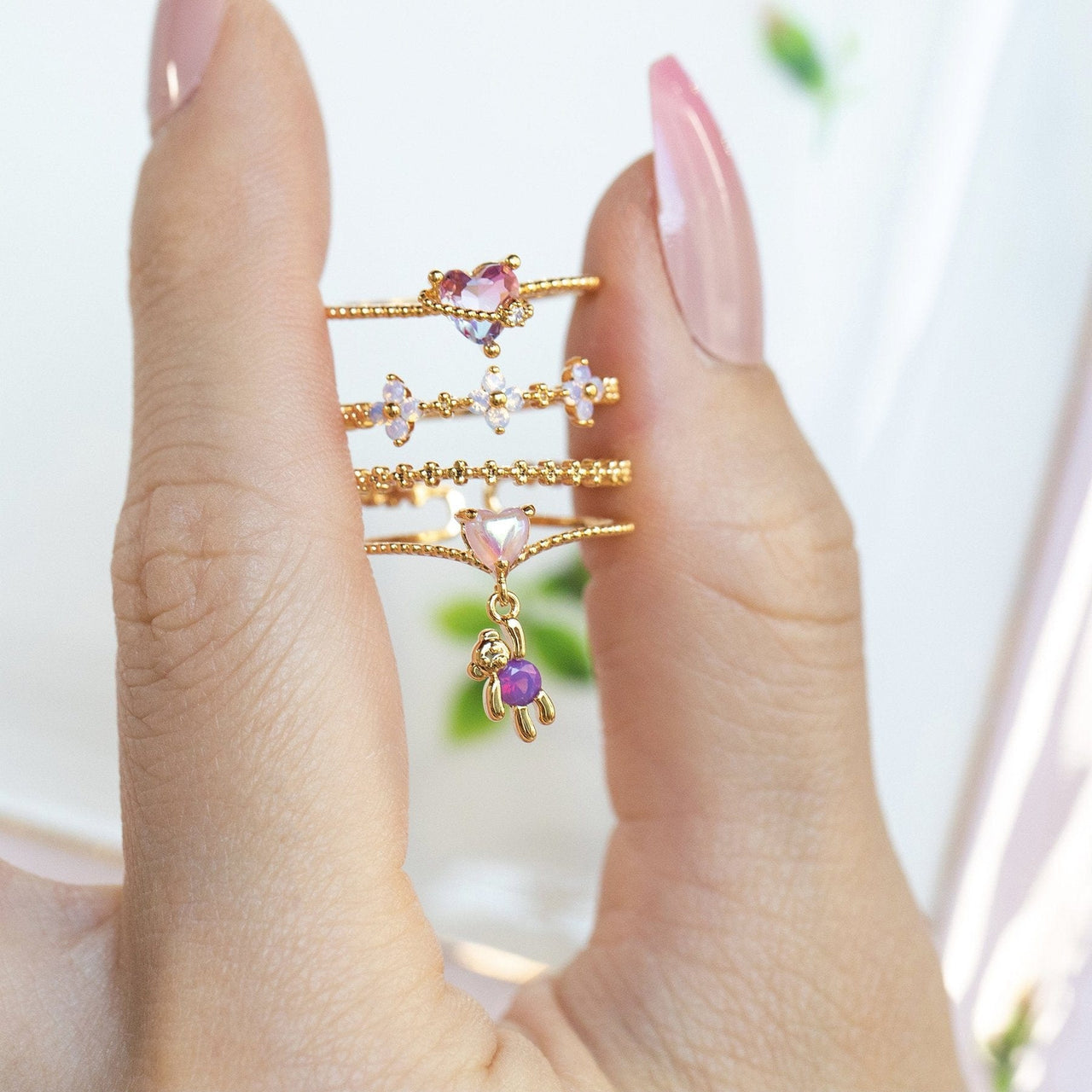 Chic CZ Opal Inlaid Floral Butterfly Bear Heart Ring - ArtGalleryZen