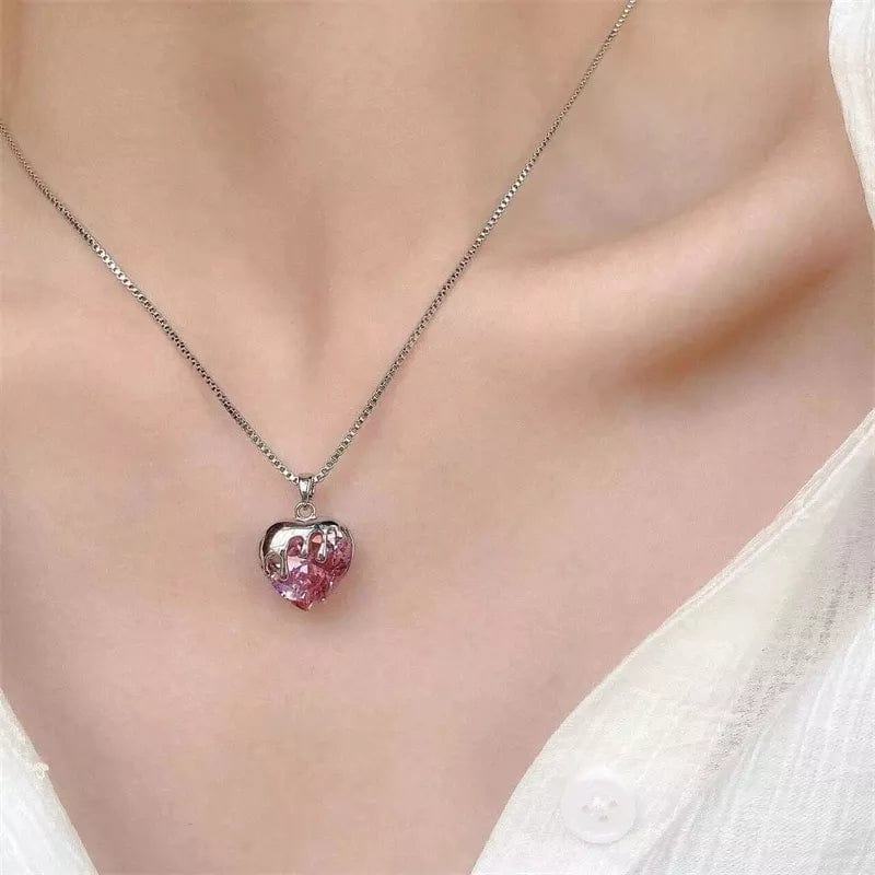 Chic Diamond Cut Pink Crystal Heart Pendant Necklace - ArtGalleryZen
