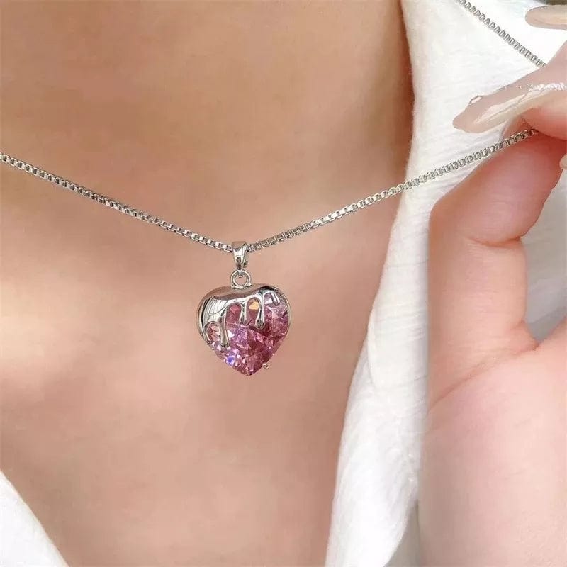 Chic Diamond Cut Pink Crystal Heart Pendant Necklace - ArtGalleryZen