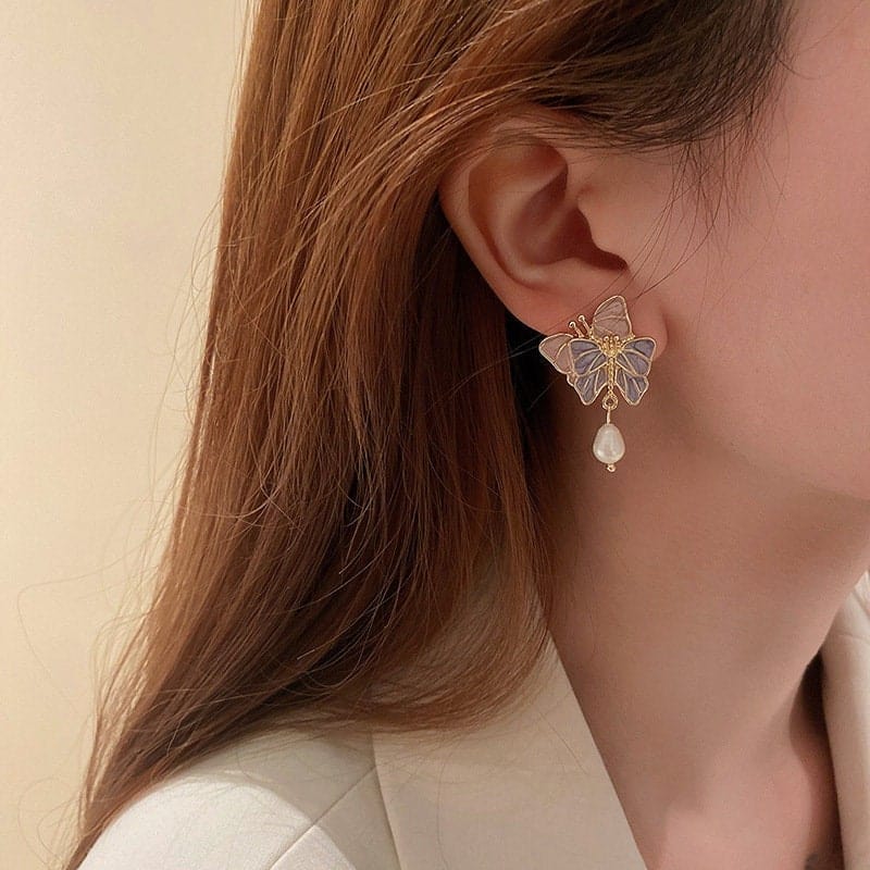 Chic Enamel Butterfly Dangling Pearl Earrings - ArtGalleryZen