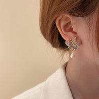 Thumbnail for Chic Enamel Butterfly Dangling Pearl Earrings - ArtGalleryZen