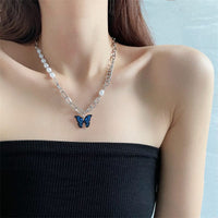 Thumbnail for Chic Enamel Butterfly Pendant Pearl Chain Necklace - ArtGalleryZen