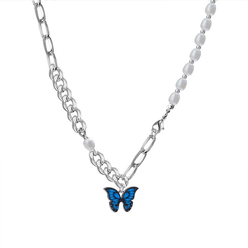 Chic Enamel Butterfly Pendant Pearl Chain Necklace - ArtGalleryZen