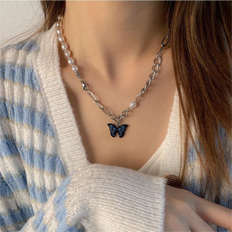 Chic Enamel Butterfly Pendant Pearl Chain Necklace - ArtGalleryZen