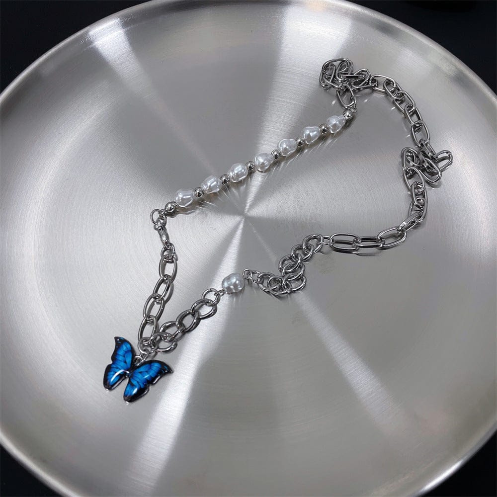 Chic Enamel Butterfly Pendant Pearl Chain Necklace - ArtGalleryZen