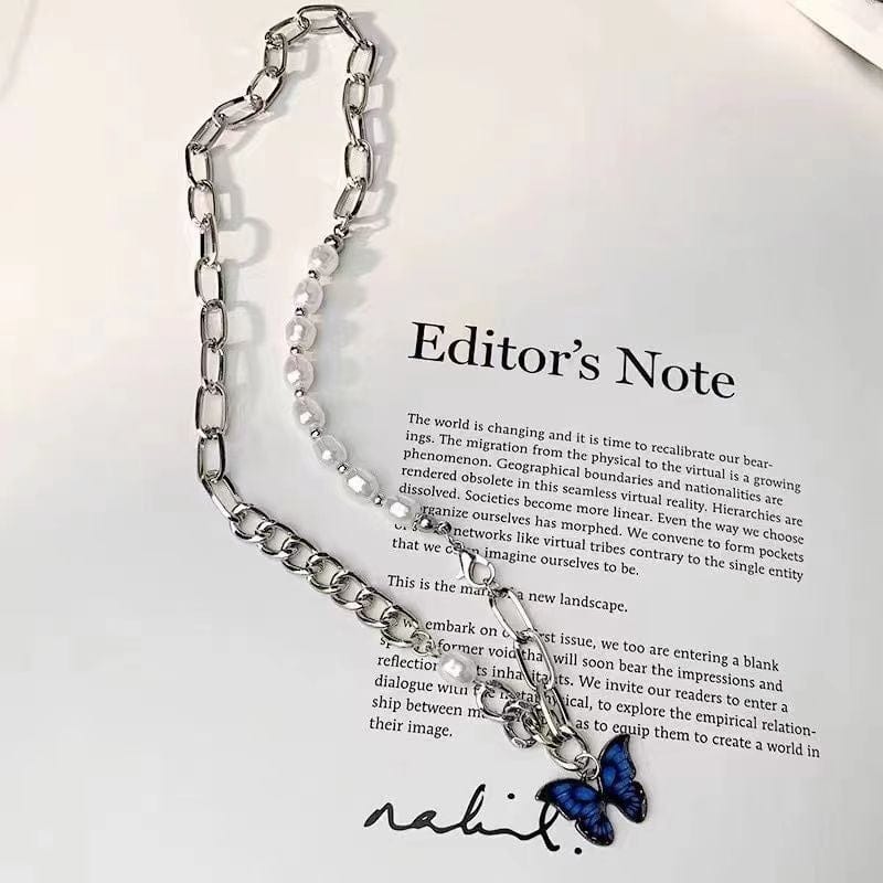 Chic Enamel Butterfly Pendant Pearl Chain Necklace - ArtGalleryZen