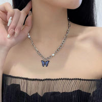 Thumbnail for Chic Enamel Butterfly Pendant Pearl Chain Necklace - ArtGalleryZen