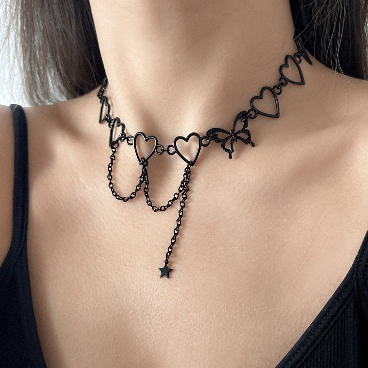Chic Enamel Butterfly Star Charm Chain Tassel Heart Necklace - ArtGalleryZen