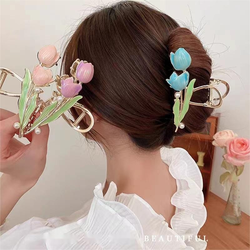 Chic Enamel Duo Tulip Chignon Claw Clip Hair Claw - ArtGalleryZen