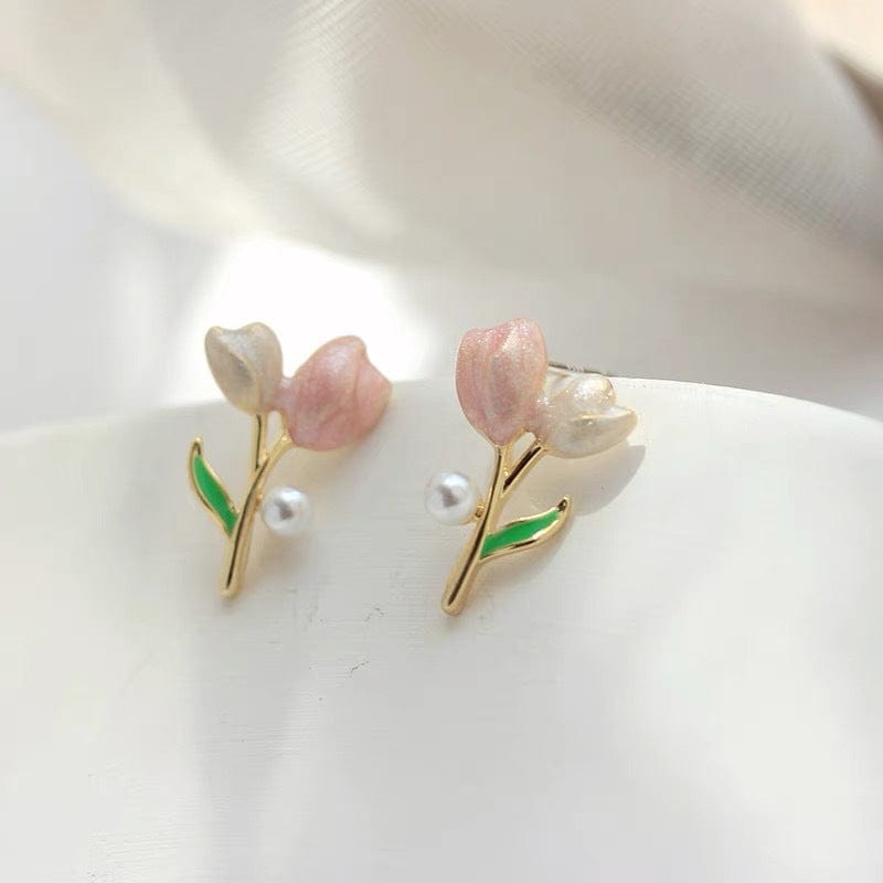 Chic Enamel Pearl Charm Tulip Earrings - ArtGalleryZen