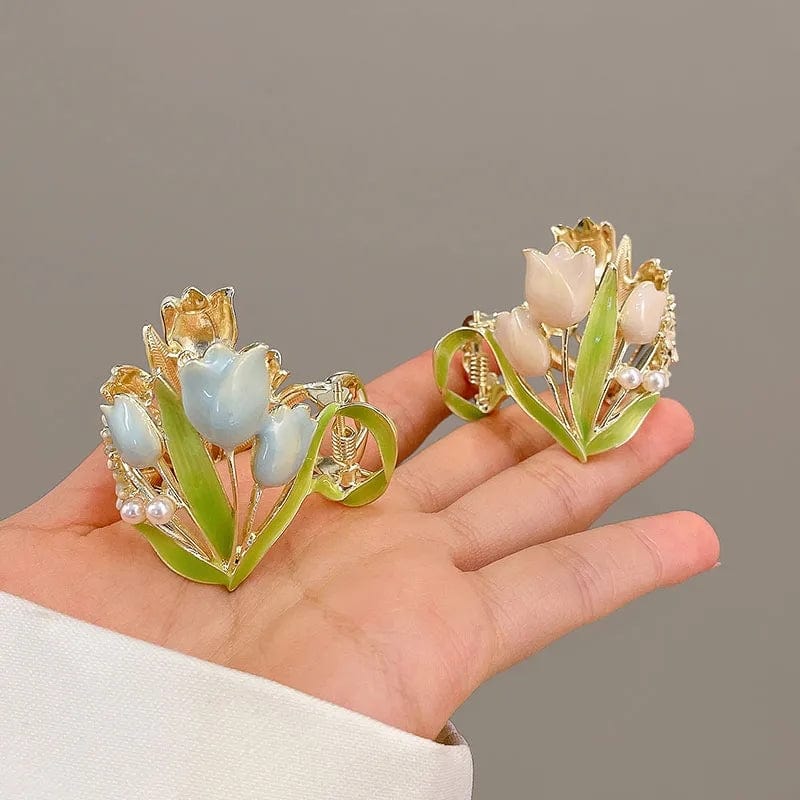 Chic Enamel Pearl Charm Tulip High Ponytail Hair Claw - ArtGalleryZen