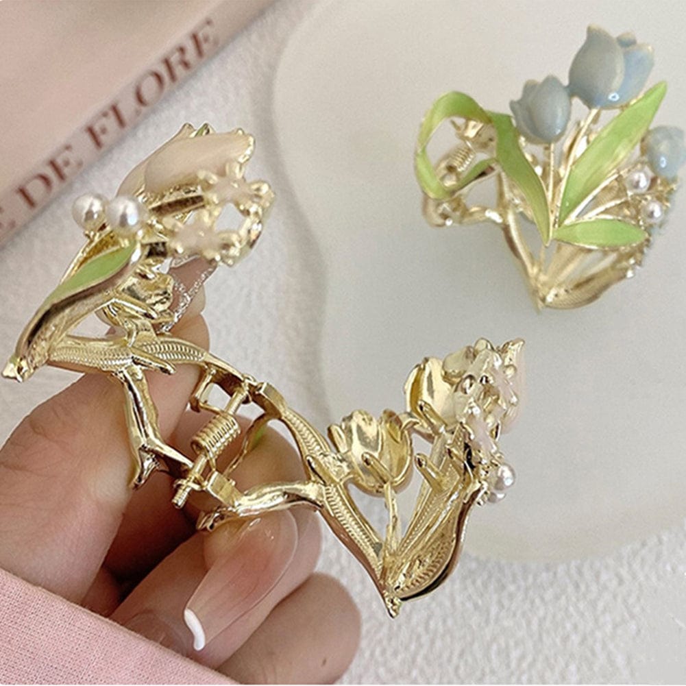 Chic Enamel Pearl Charm Tulip High Ponytail Hair Claw - ArtGalleryZen