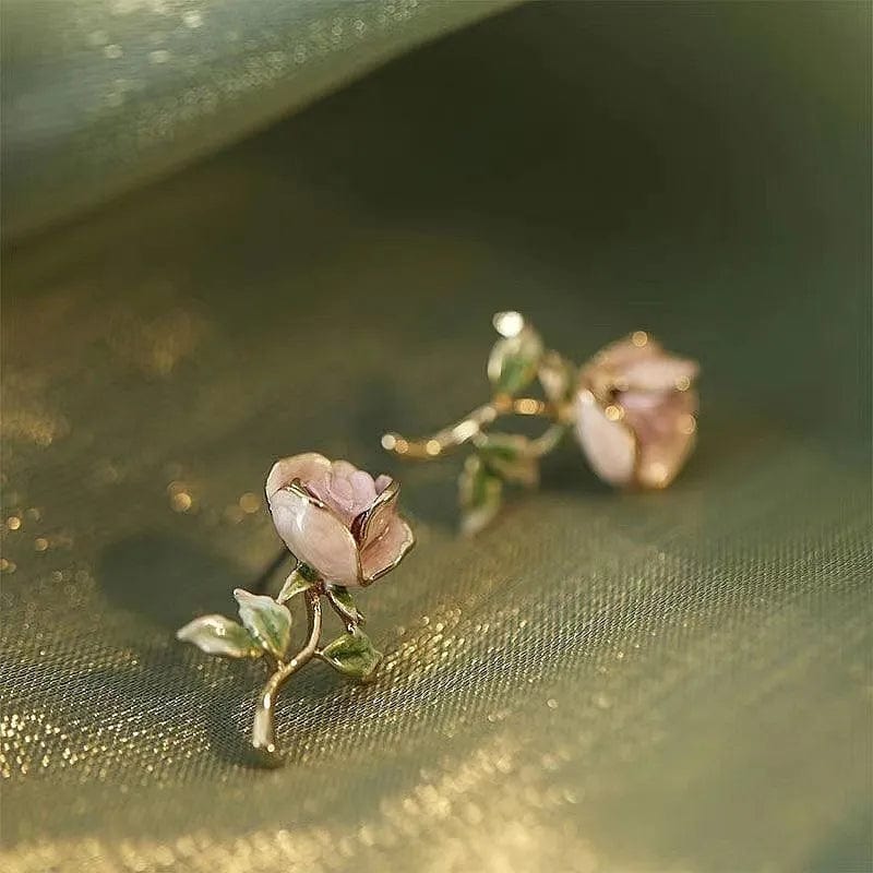 Chic Enamel Pink Rose Earrings - ArtGalleryZen
