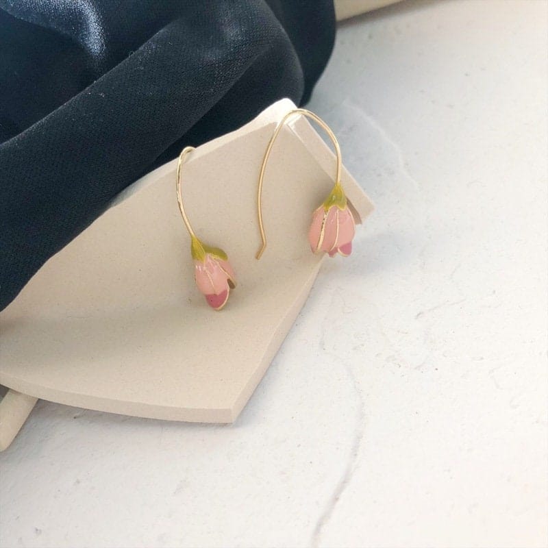 Chic Enamel Pink Tulip Dangle Earrings - ArtGalleryZen