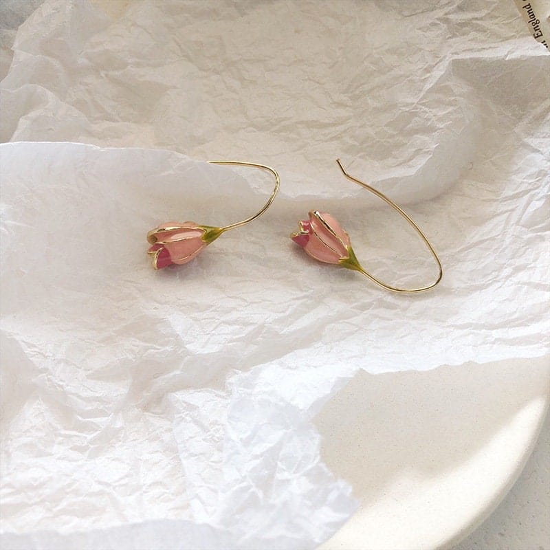 Chic Enamel Pink Tulip Dangle Earrings - ArtGalleryZen