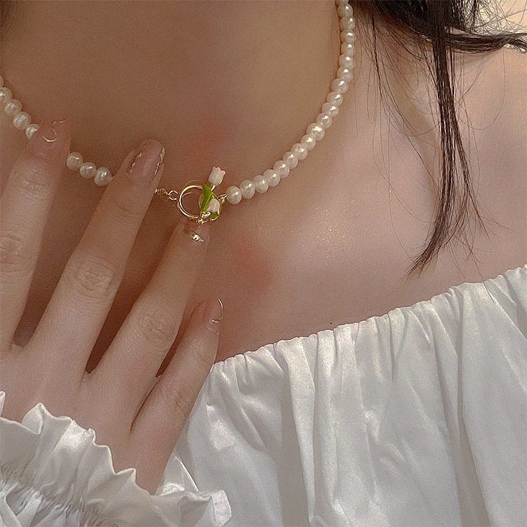 Chic Enamel Tulip Pearl Chain Choker Necklace Bracelet Set - ArtGalleryZen