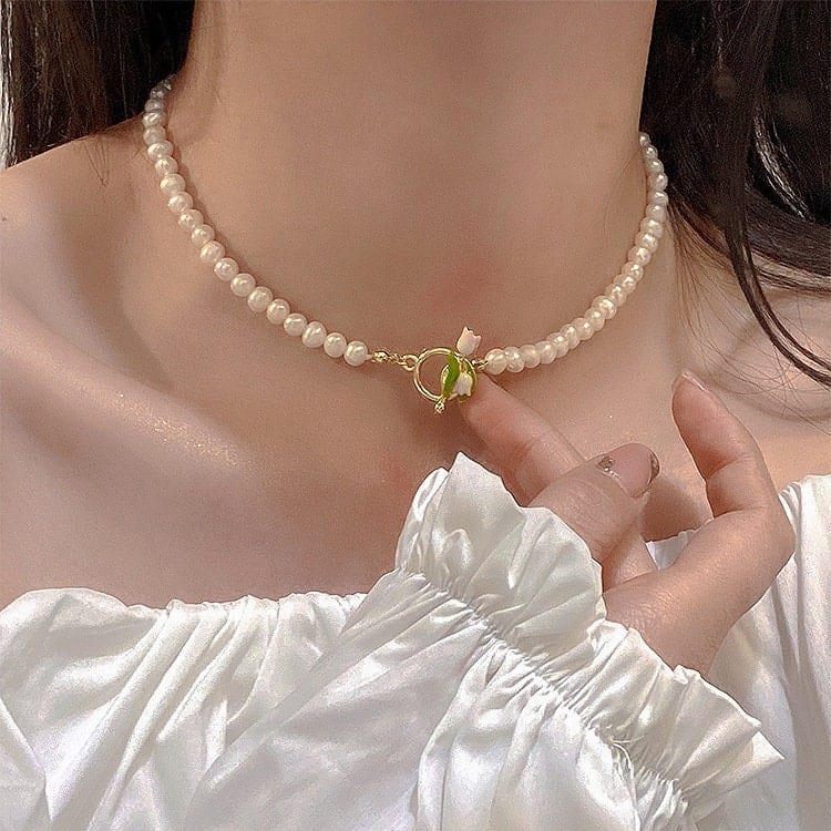 Chic Enamel Tulip Pearl Chain Choker Necklace Bracelet Set - ArtGalleryZen