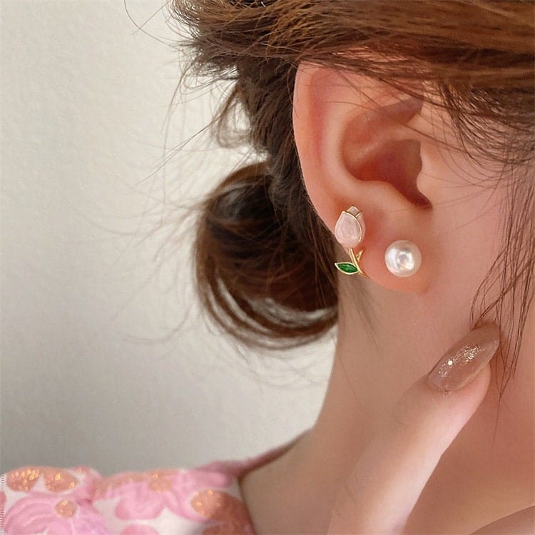 Chic Enamel Tulip Pearl Earrings - ArtGalleryZen
