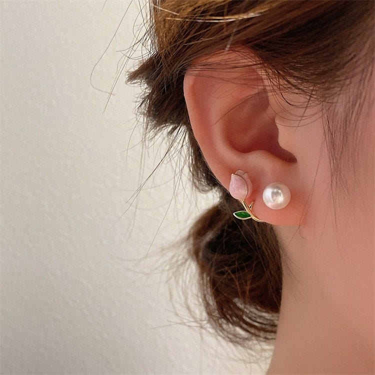 Chic Enamel Tulip Pearl Earrings - ArtGalleryZen