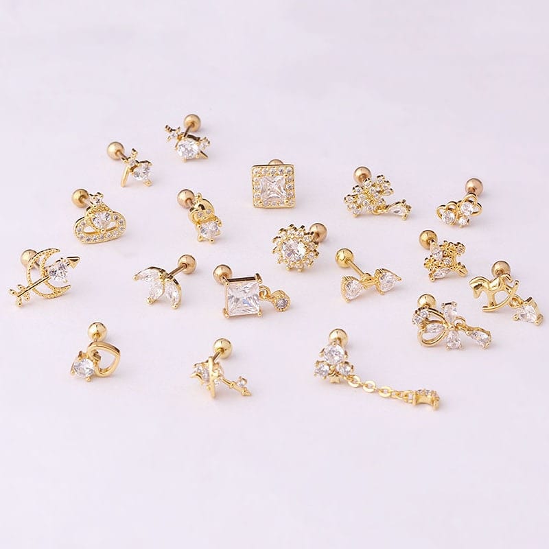 Chic Gold Silver Tone CZ Inlaid Helix Piercing Stud Earring - ArtGalleryZen