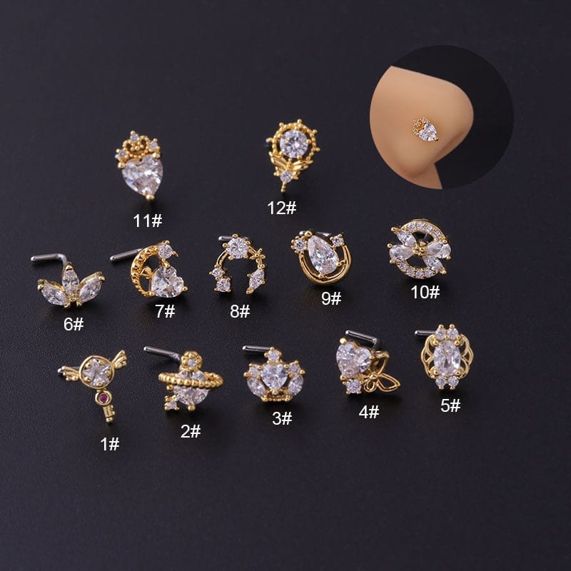 Chic Gold Silver Tone CZ Inlaid Stainless Steel Nose Piercing Nose Stud - ArtGalleryZen