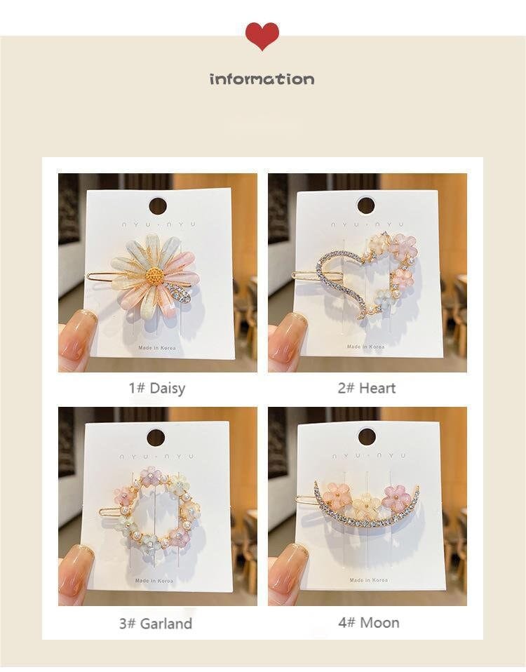 Chic Handmade CZ Inlaid Pink Floral Moon Heart Hair Clip - ArtGalleryZen