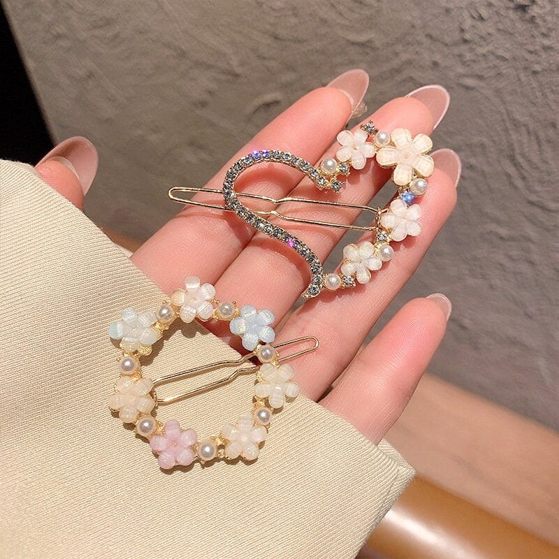 Chic Handmade CZ Inlaid Pink Floral Moon Heart Hair Clip - ArtGalleryZen