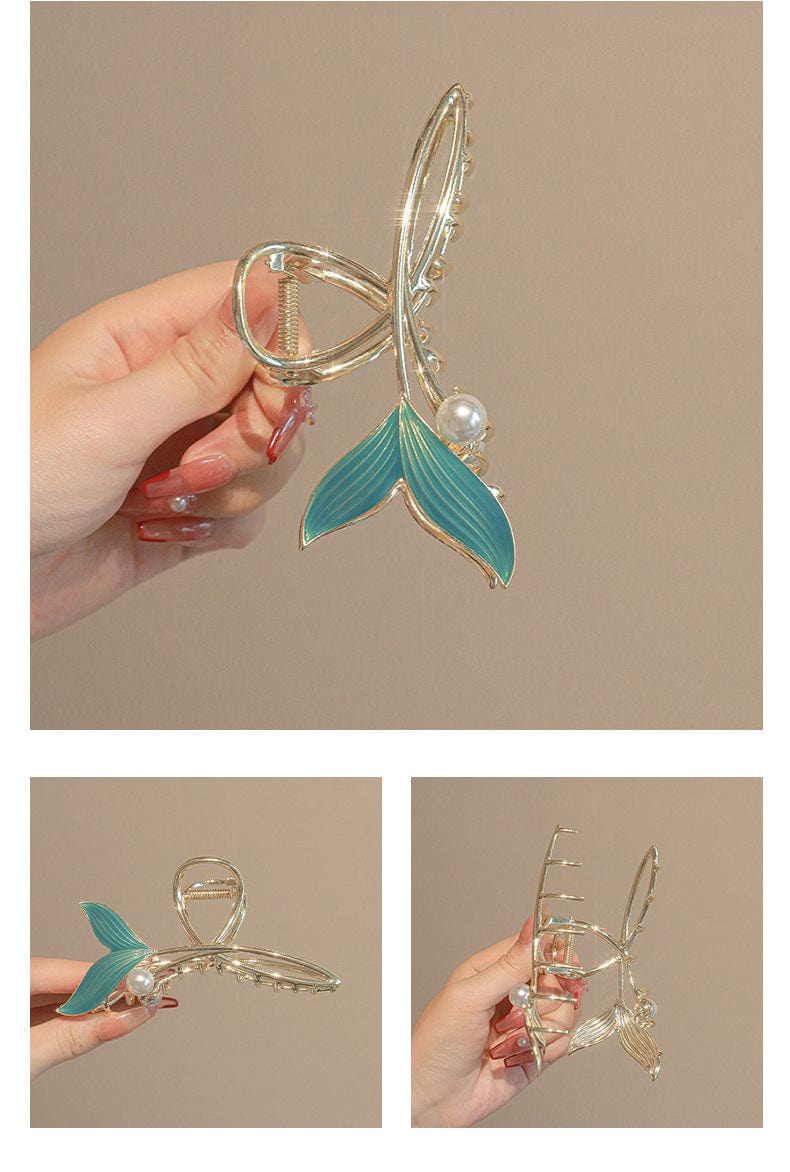 Chic Handmade Enamel Mermaid Pearl Charm Chignon Claw Clip Hair Clip - ArtGalleryZen