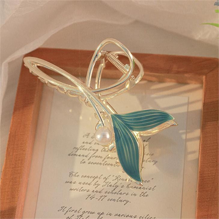 Chic Handmade Enamel Mermaid Pearl Charm Chignon Claw Clip Hair Clip - ArtGalleryZen
