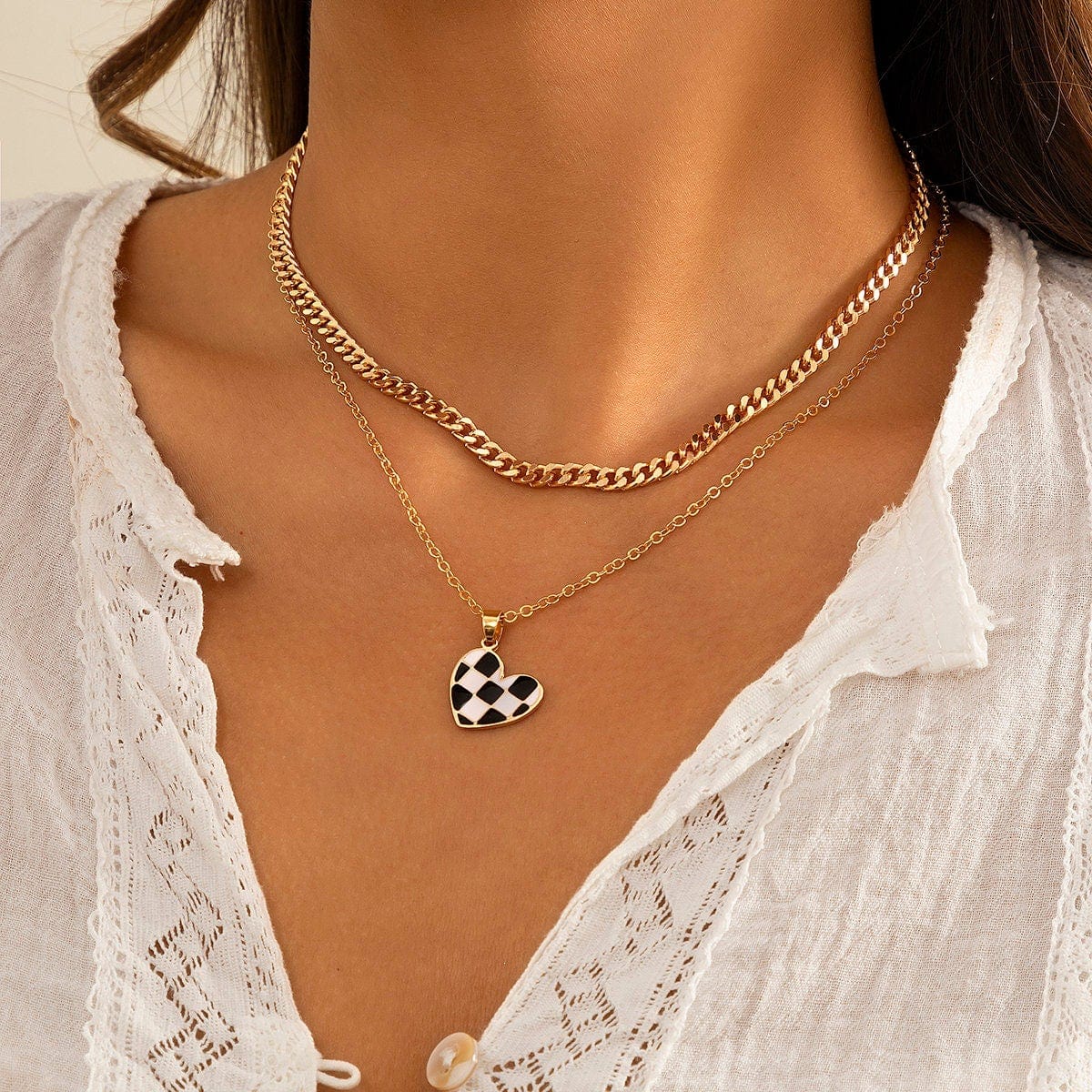Chic Layered Checkered Heart Pendant Chain Necklace Set - ArtGalleryZen