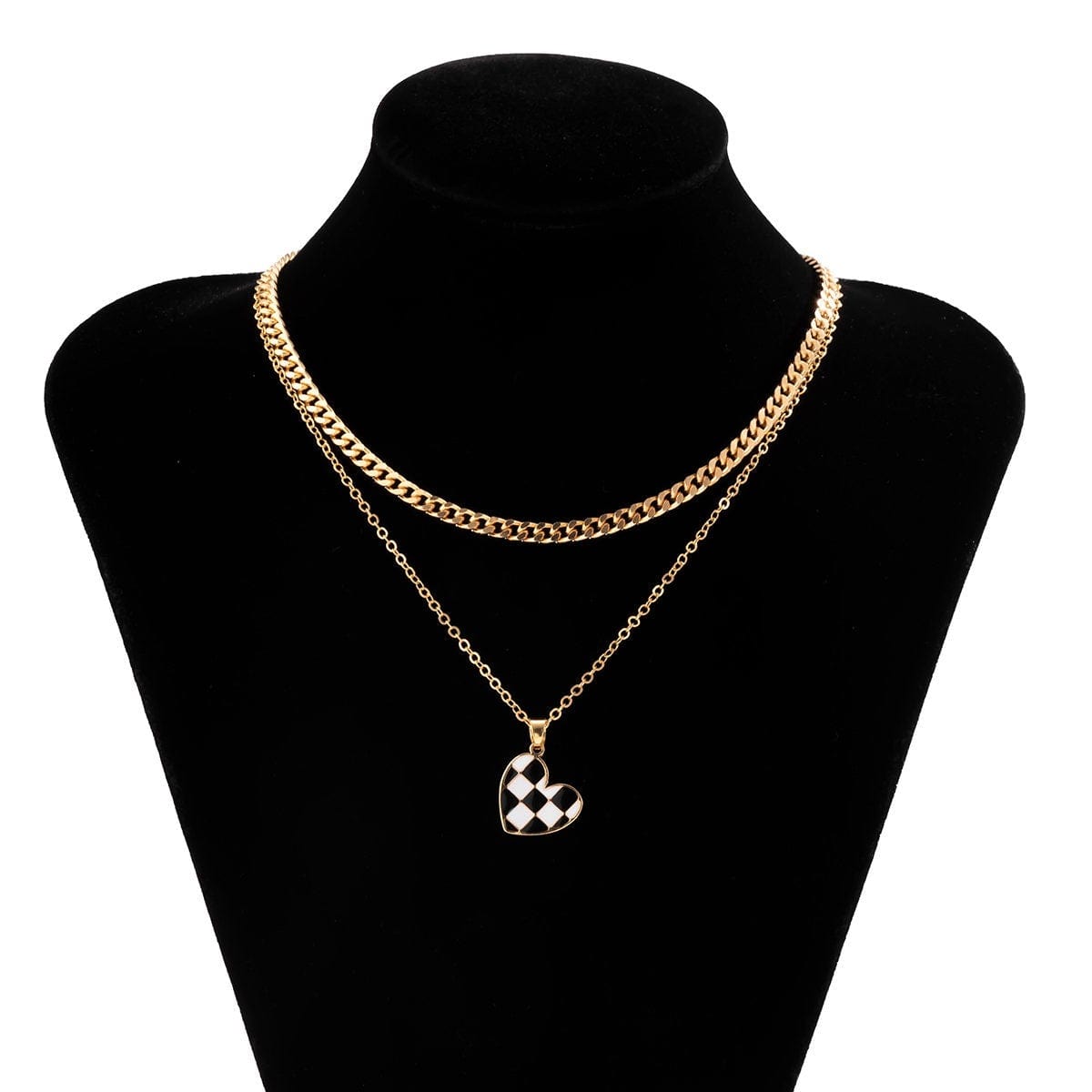 Chic Layered Checkered Heart Pendant Chain Necklace Set - ArtGalleryZen