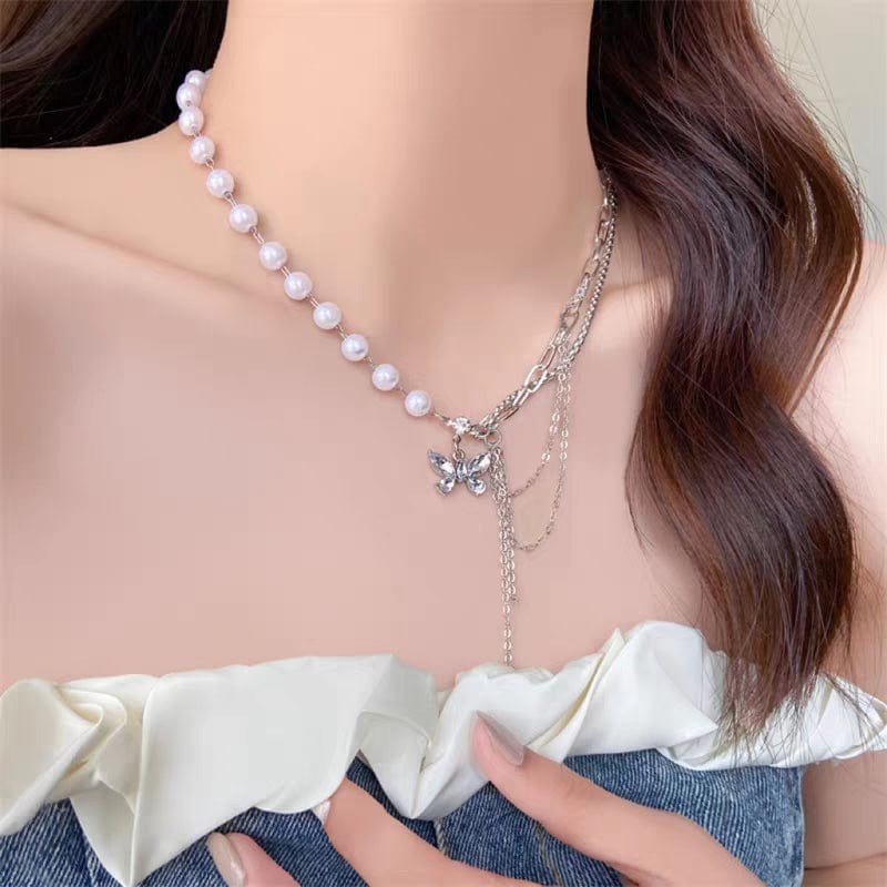 Chic Layered Crystal Butterfly Pearl Chain Necklace - ArtGalleryZen