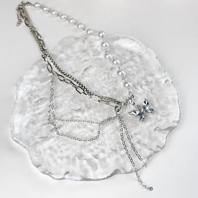 Chic Layered Crystal Butterfly Pearl Chain Necklace - ArtGalleryZen