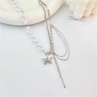 Thumbnail for Chic Layered Crystal Butterfly Pearl Chain Necklace - ArtGalleryZen