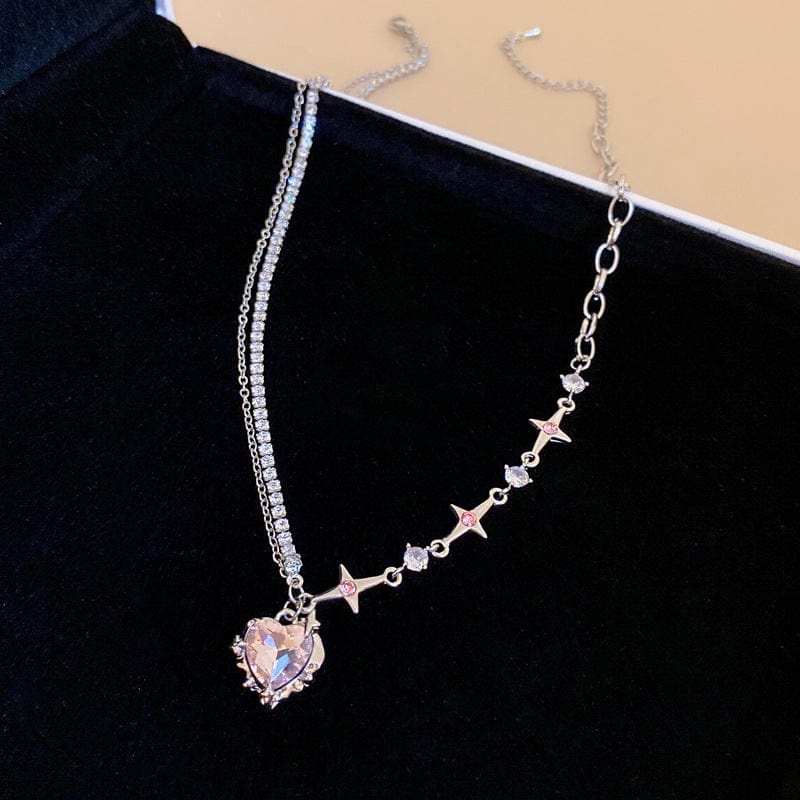 Chic Layered CZ Inlaid Pink And Black Crystal Heart Pendant Star Chain Necklace - ArtGalleryZen