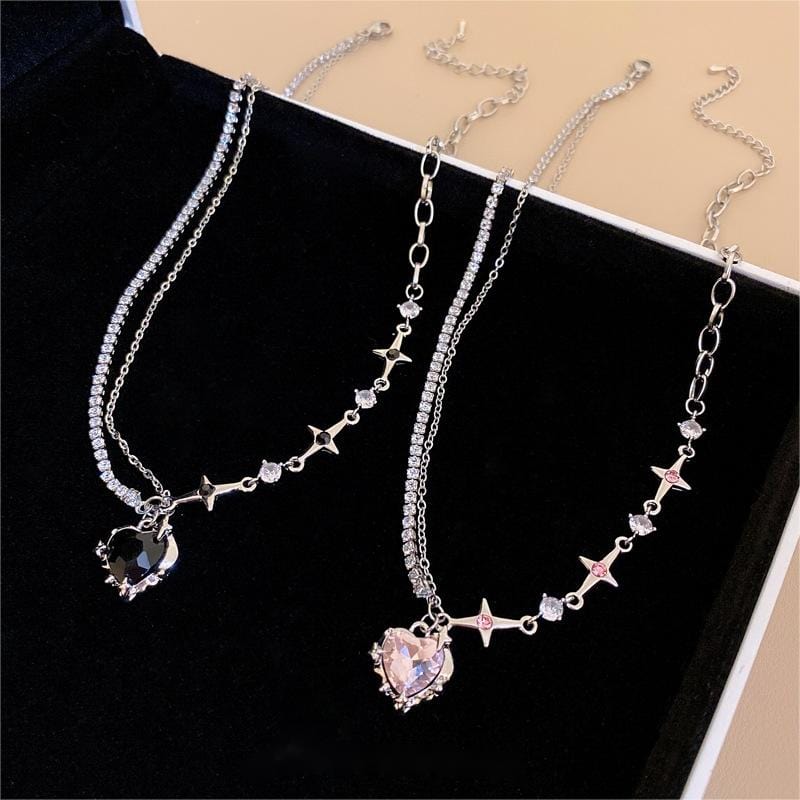 Chic Layered CZ Inlaid Pink And Black Crystal Heart Pendant Star Chain Necklace - ArtGalleryZen