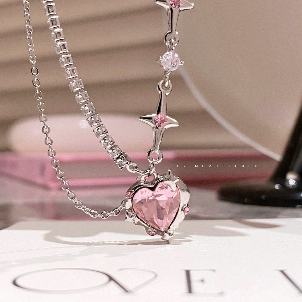 Chic Layered CZ Inlaid Pink Crystal Heart Pendant Star Chain Necklace - ArtGalleryZen