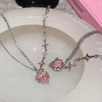 Thumbnail for Chic Layered CZ Inlaid Pink Crystal Heart Pendant Star Chain Necklace - ArtGalleryZen
